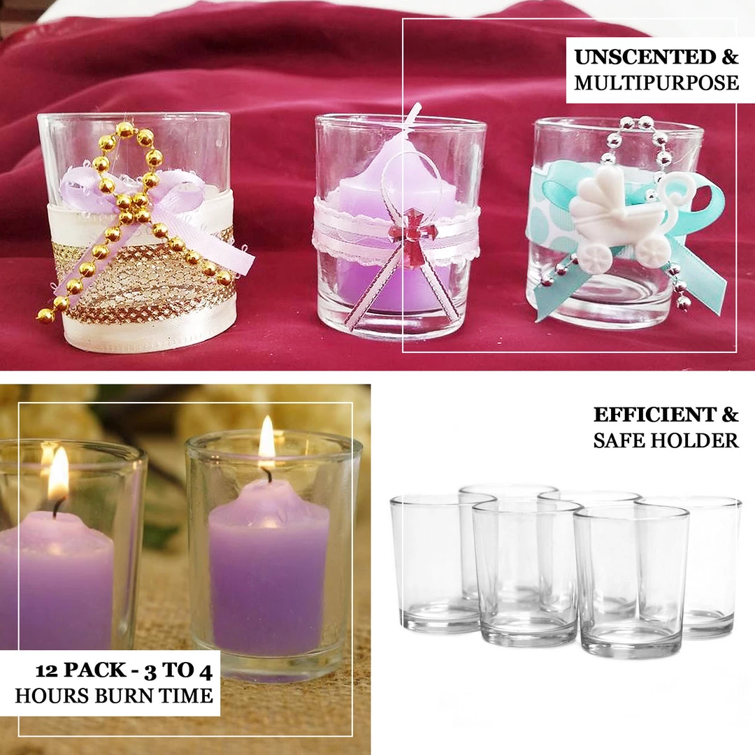 HIER_3820 12 Pack | Lavender Votive Candle & Clear Glass Votive Holder Candle Set Chargers & Centerpieces 4 HIER_3820 12 Pack | Lavender Votive Candle & Clear Glass Votive Holder Candle Set Chargers & Centerpieces