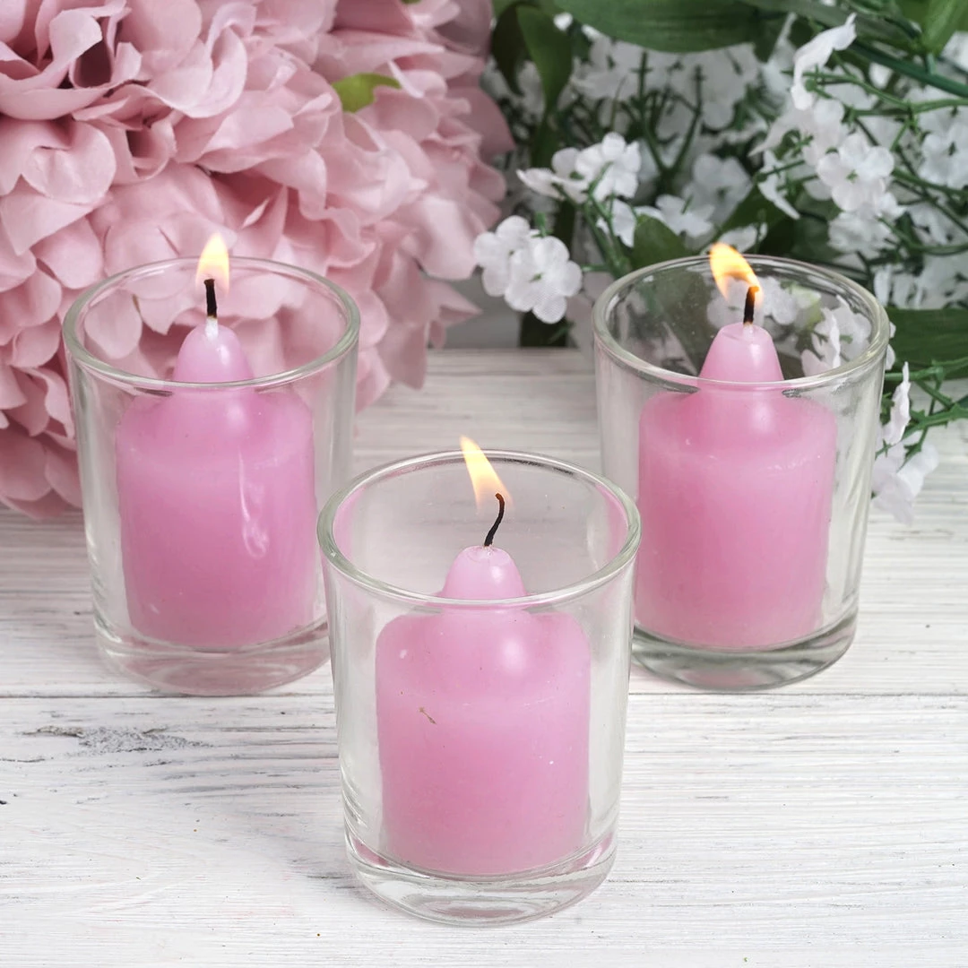 HIER_3820 12 Pack | Lavender Votive Candle & Clear Glass Votive Holder Candle Set Chargers & Centerpieces 1 HIER_3820 12 Pack | Lavender Votive Candle & Clear Glass Votive Holder Candle Set Chargers & Centerpieces