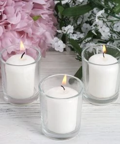 HIER_3820 12 Pack | White Votive Candle & Clear Glass Votive Holder Candle Set Chargers & Centerpieces