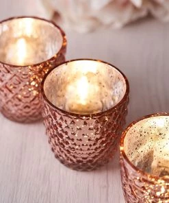 HIER_4320 6 Pack | 3" Metallic Blush/Rose Gold Glass Votive Candle Holders Tealight Mercury Glass Assorted Geometric Design Chargers & Centerpieces