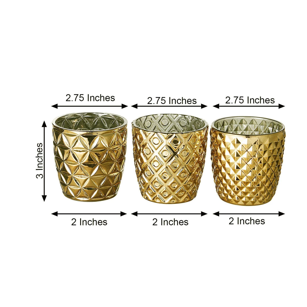 HIER_4320 Chargers & Centerpieces 6 Pack | 3" Metallic Gold Mercury Glass Votive Candle Holders, Tealight Candle Holders - Assorted Geometric Designs 3 HIER_4320 Chargers & Centerpieces 6 Pack | 3" Metallic Gold Mercury Glass Votive Candle Holders, Tealight Candle Holders - Assorted Geometric Designs