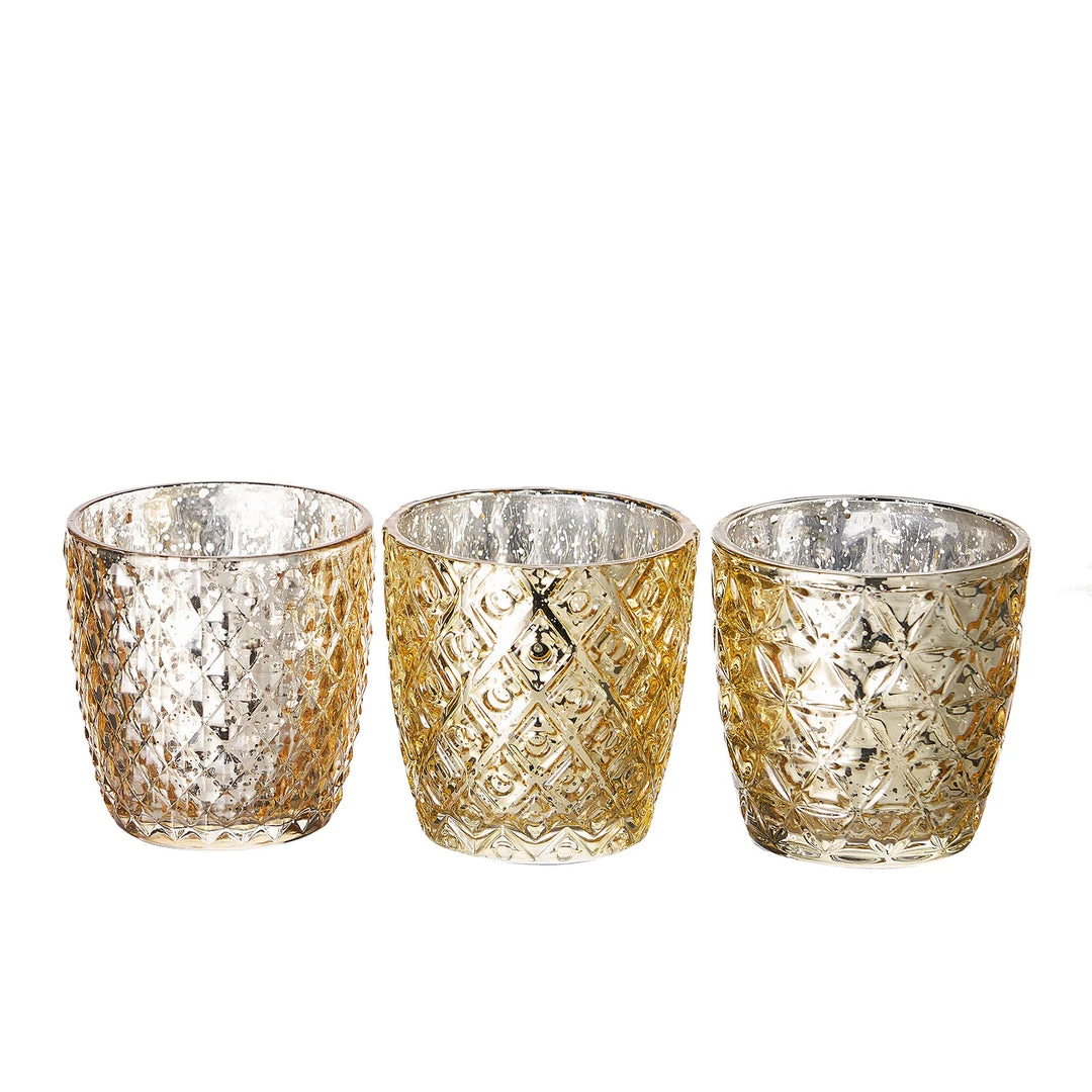 HIER_4320 Chargers & Centerpieces 6 Pack | 3" Metallic Gold Mercury Glass Votive Candle Holders, Tealight Candle Holders - Assorted Geometric Designs 20 HIER_4320 Chargers & Centerpieces 6 Pack | 3" Metallic Gold Mercury Glass Votive Candle Holders, Tealight Candle Holders - Assorted Geometric Designs