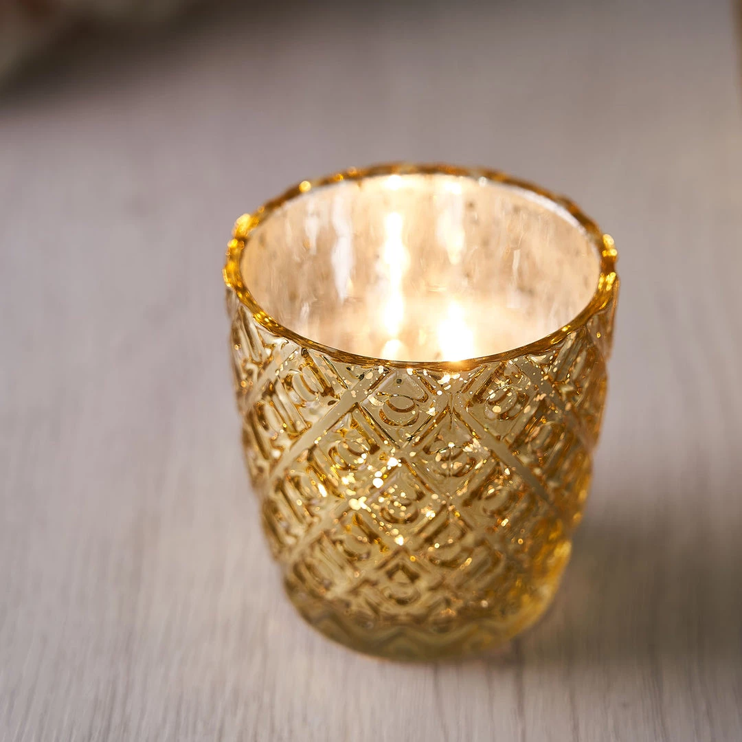 HIER_4320 Chargers & Centerpieces 6 Pack | 3" Metallic Gold Mercury Glass Votive Candle Holders, Tealight Candle Holders - Assorted Geometric Designs 6 HIER_4320 Chargers & Centerpieces 6 Pack | 3" Metallic Gold Mercury Glass Votive Candle Holders, Tealight Candle Holders - Assorted Geometric Designs