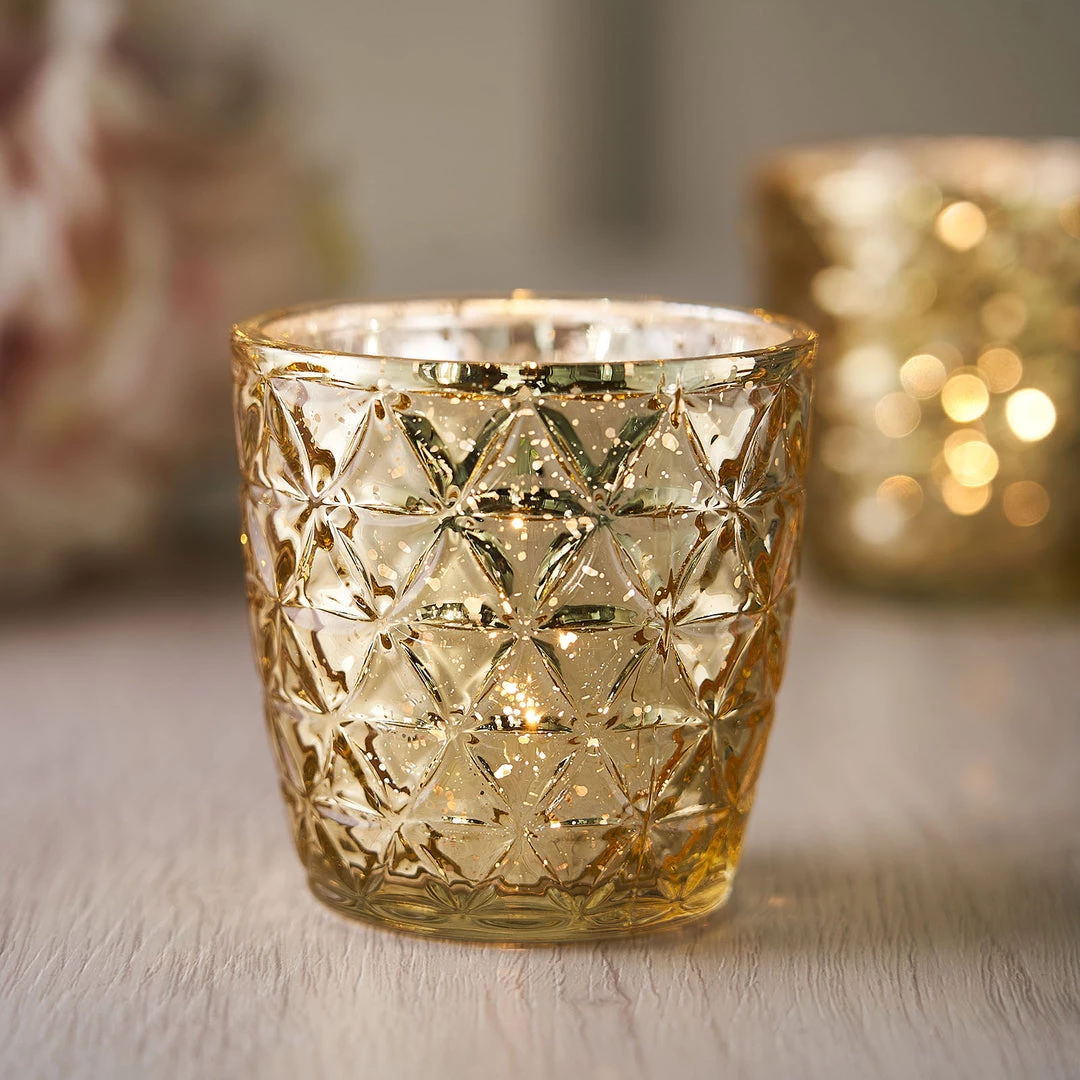 HIER_4320 Chargers & Centerpieces 6 Pack | 3" Metallic Gold Mercury Glass Votive Candle Holders, Tealight Candle Holders - Assorted Geometric Designs 8 HIER_4320 Chargers & Centerpieces 6 Pack | 3" Metallic Gold Mercury Glass Votive Candle Holders, Tealight Candle Holders - Assorted Geometric Designs