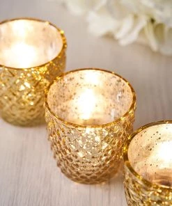 HIER_4320 Chargers & Centerpieces 6 Pack | 3" Metallic Gold Mercury Glass Votive Candle Holders, Tealight Candle Holders - Assorted Geometric Designs 28 HIER_4320 Chargers & Centerpieces 6 Pack | 3