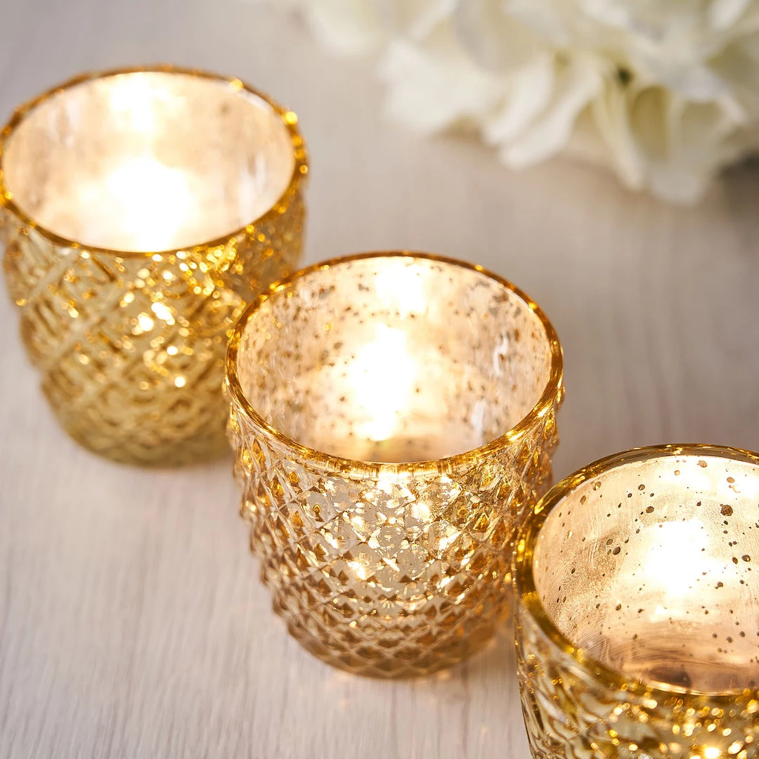 HIER_4320 Chargers & Centerpieces 6 Pack | 3" Metallic Gold Mercury Glass Votive Candle Holders, Tealight Candle Holders - Assorted Geometric Designs 9 HIER_4320 Chargers & Centerpieces 6 Pack | 3" Metallic Gold Mercury Glass Votive Candle Holders, Tealight Candle Holders - Assorted Geometric Designs
