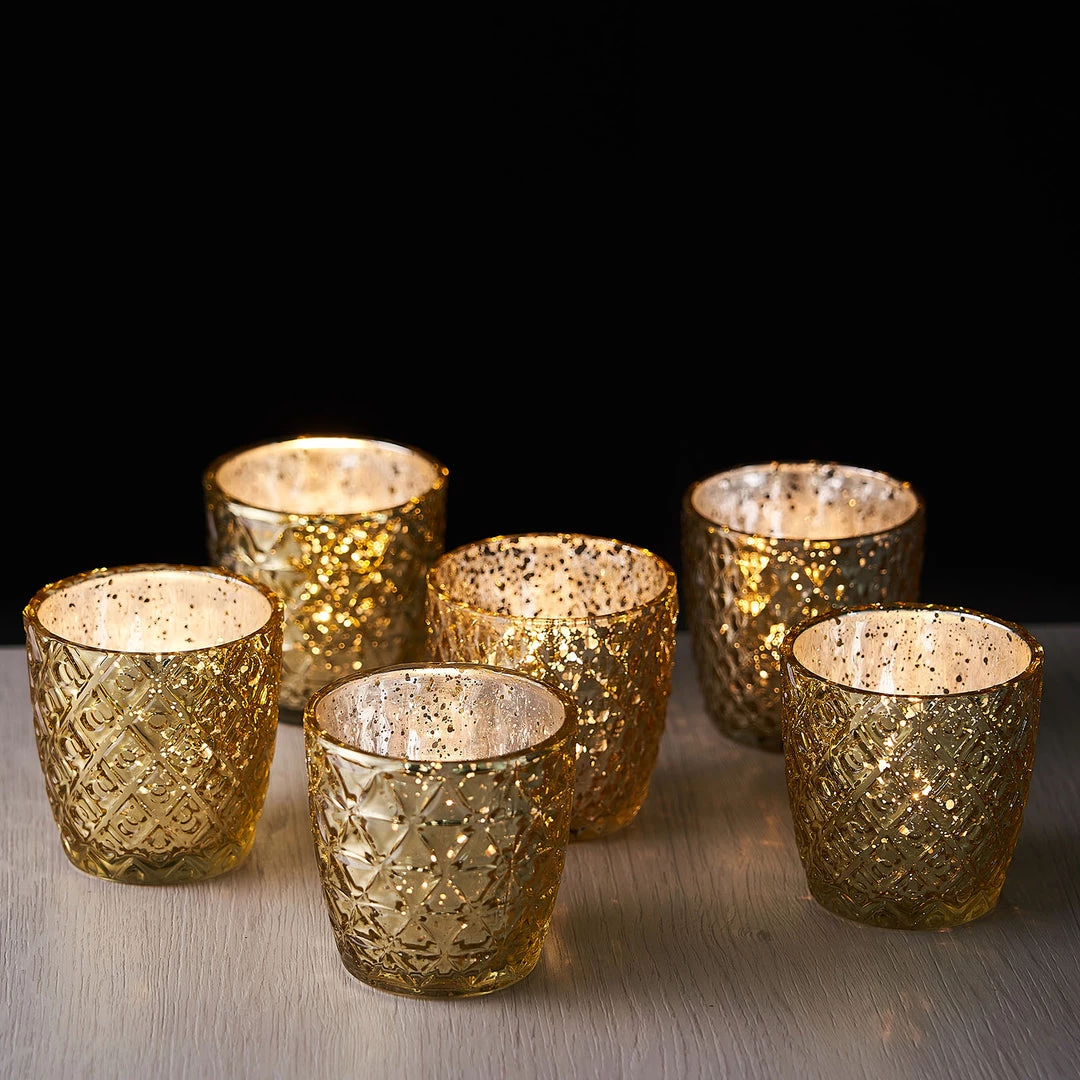 HIER_4320 Chargers & Centerpieces 6 Pack | 3" Metallic Gold Mercury Glass Votive Candle Holders, Tealight Candle Holders - Assorted Geometric Designs 10 HIER_4320 Chargers & Centerpieces 6 Pack | 3" Metallic Gold Mercury Glass Votive Candle Holders, Tealight Candle Holders - Assorted Geometric Designs