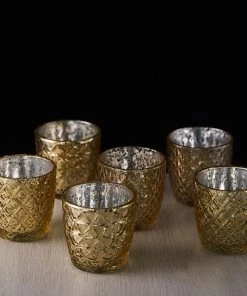 HIER_4320 Chargers & Centerpieces 6 Pack | 3" Metallic Gold Mercury Glass Votive Candle Holders, Tealight Candle Holders - Assorted Geometric Designs 30 HIER_4320 Chargers & Centerpieces 6 Pack | 3