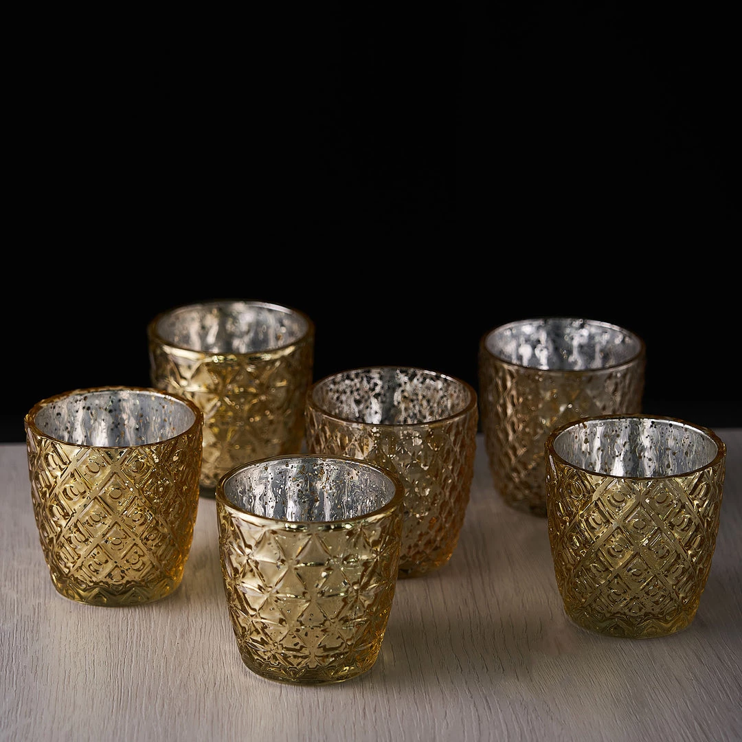 HIER_4320 Chargers & Centerpieces 6 Pack | 3" Metallic Gold Mercury Glass Votive Candle Holders, Tealight Candle Holders - Assorted Geometric Designs 11 HIER_4320 Chargers & Centerpieces 6 Pack | 3" Metallic Gold Mercury Glass Votive Candle Holders, Tealight Candle Holders - Assorted Geometric Designs