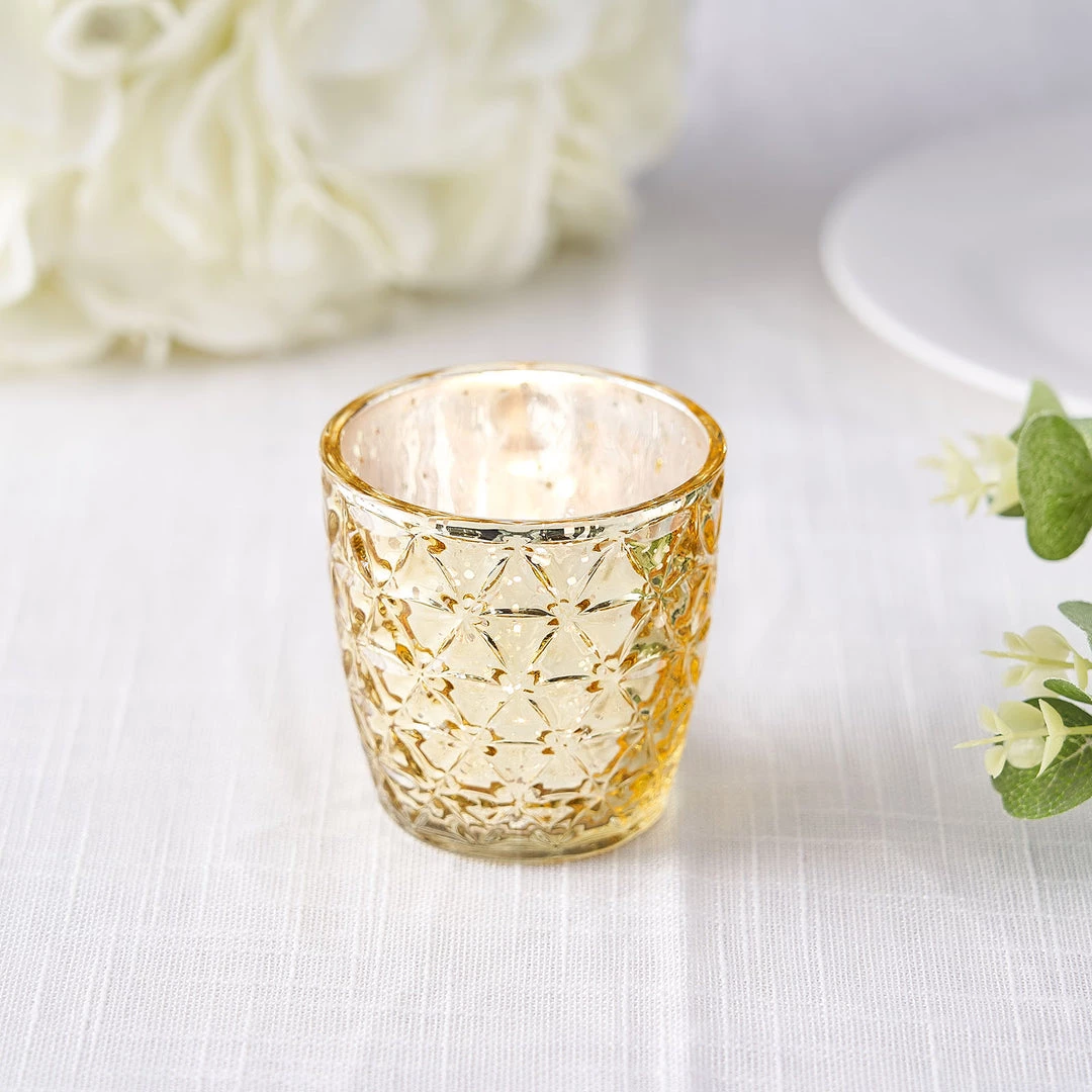 HIER_4320 Chargers & Centerpieces 6 Pack | 3" Metallic Gold Mercury Glass Votive Candle Holders, Tealight Candle Holders - Assorted Geometric Designs 12 HIER_4320 Chargers & Centerpieces 6 Pack | 3" Metallic Gold Mercury Glass Votive Candle Holders, Tealight Candle Holders - Assorted Geometric Designs