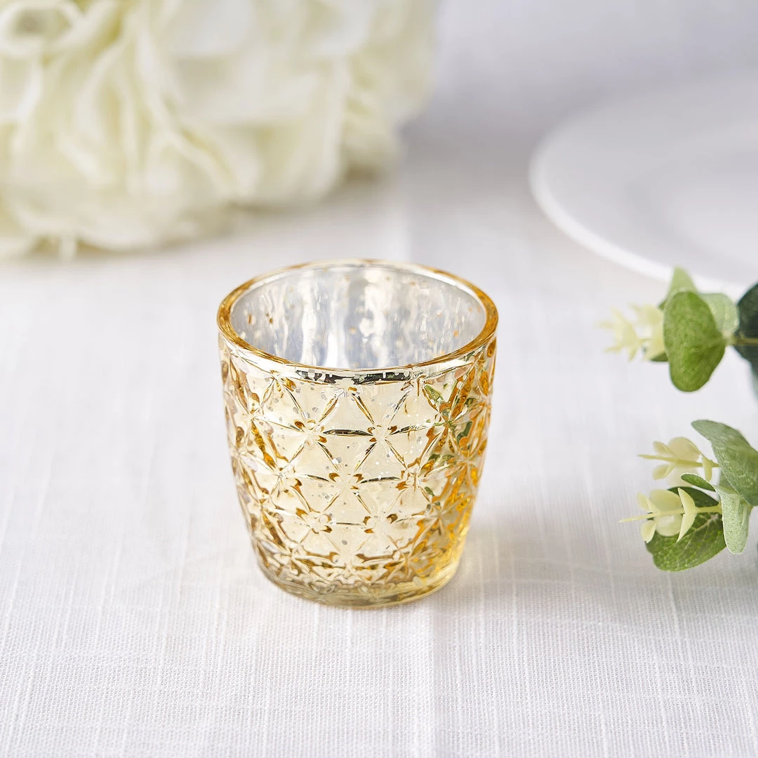 HIER_4320 Chargers & Centerpieces 6 Pack | 3" Metallic Gold Mercury Glass Votive Candle Holders, Tealight Candle Holders - Assorted Geometric Designs 13 HIER_4320 Chargers & Centerpieces 6 Pack | 3" Metallic Gold Mercury Glass Votive Candle Holders, Tealight Candle Holders - Assorted Geometric Designs