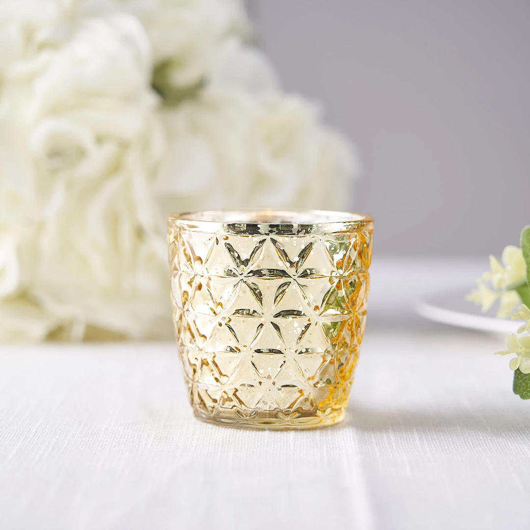 HIER_4320 Chargers & Centerpieces 6 Pack | 3" Metallic Gold Mercury Glass Votive Candle Holders, Tealight Candle Holders - Assorted Geometric Designs 15 HIER_4320 Chargers & Centerpieces 6 Pack | 3" Metallic Gold Mercury Glass Votive Candle Holders, Tealight Candle Holders - Assorted Geometric Designs