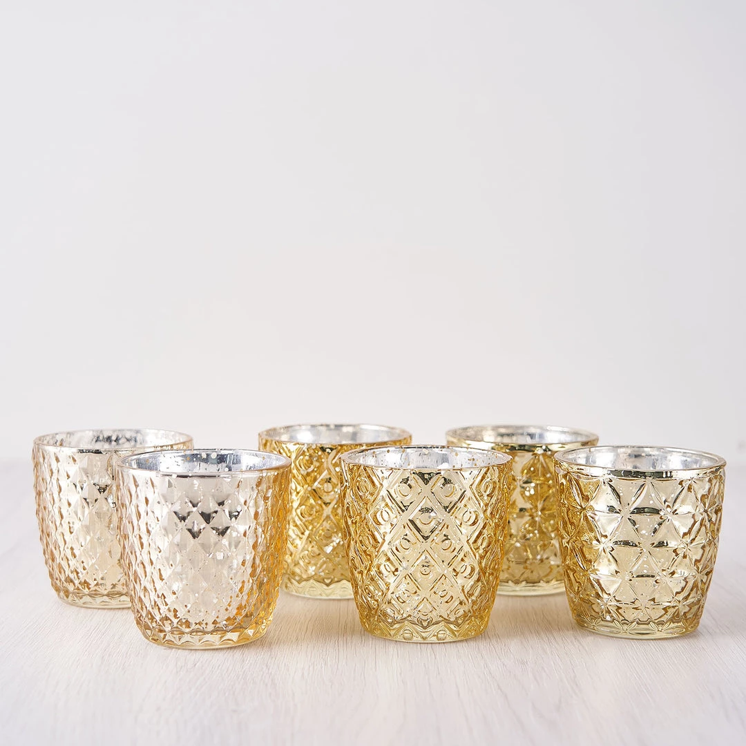 HIER_4320 Chargers & Centerpieces 6 Pack | 3" Metallic Gold Mercury Glass Votive Candle Holders, Tealight Candle Holders - Assorted Geometric Designs 16 HIER_4320 Chargers & Centerpieces 6 Pack | 3" Metallic Gold Mercury Glass Votive Candle Holders, Tealight Candle Holders - Assorted Geometric Designs