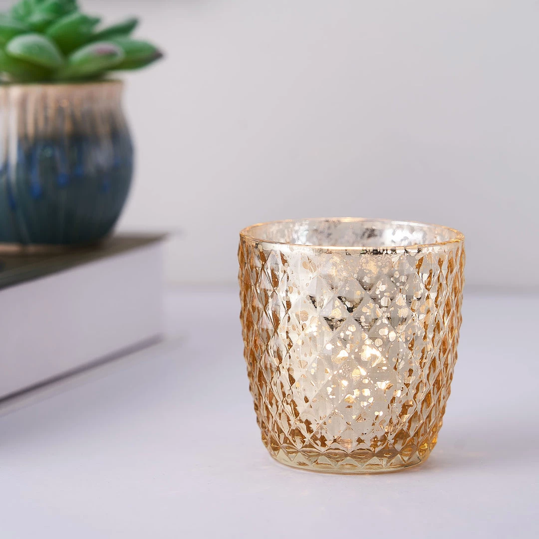 HIER_4320 Chargers & Centerpieces 6 Pack | 3" Metallic Gold Mercury Glass Votive Candle Holders, Tealight Candle Holders - Assorted Geometric Designs 17 HIER_4320 Chargers & Centerpieces 6 Pack | 3" Metallic Gold Mercury Glass Votive Candle Holders, Tealight Candle Holders - Assorted Geometric Designs