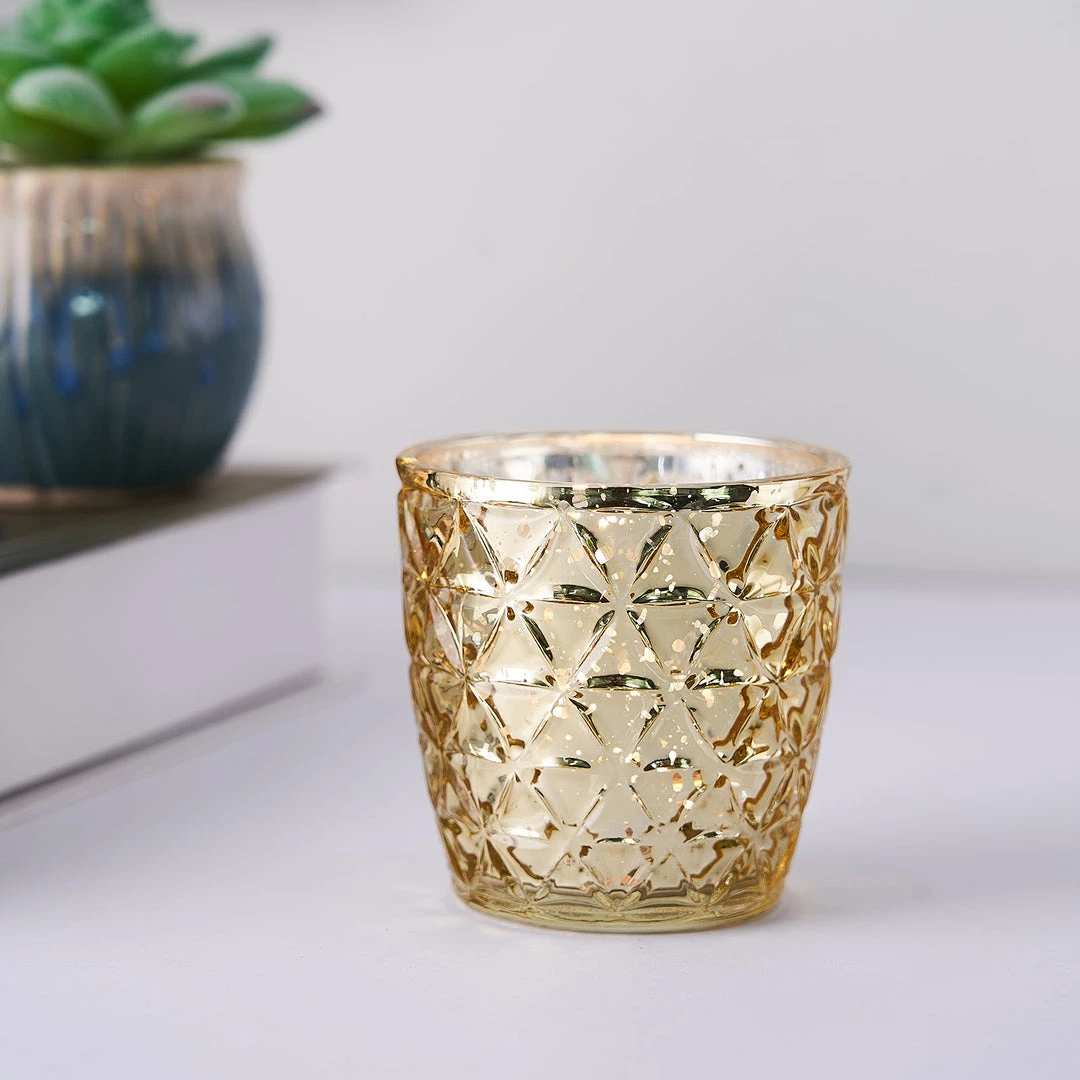 HIER_4320 Chargers & Centerpieces 6 Pack | 3" Metallic Gold Mercury Glass Votive Candle Holders, Tealight Candle Holders - Assorted Geometric Designs 18 HIER_4320 Chargers & Centerpieces 6 Pack | 3" Metallic Gold Mercury Glass Votive Candle Holders, Tealight Candle Holders - Assorted Geometric Designs