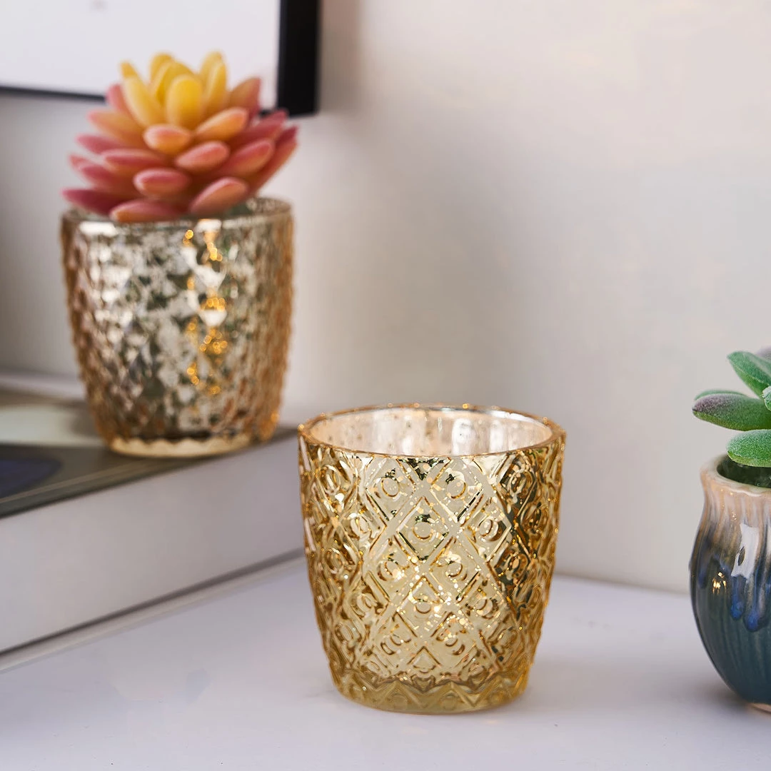 HIER_4320 Chargers & Centerpieces 6 Pack | 3" Metallic Gold Mercury Glass Votive Candle Holders, Tealight Candle Holders - Assorted Geometric Designs 19 HIER_4320 Chargers & Centerpieces 6 Pack | 3" Metallic Gold Mercury Glass Votive Candle Holders, Tealight Candle Holders - Assorted Geometric Designs