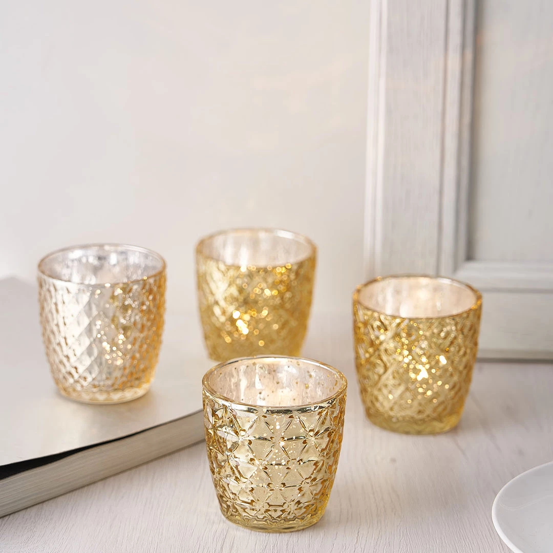 HIER_4320 Chargers & Centerpieces 6 Pack | 3" Metallic Gold Mercury Glass Votive Candle Holders, Tealight Candle Holders - Assorted Geometric Designs 14 HIER_4320 Chargers & Centerpieces 6 Pack | 3" Metallic Gold Mercury Glass Votive Candle Holders, Tealight Candle Holders - Assorted Geometric Designs