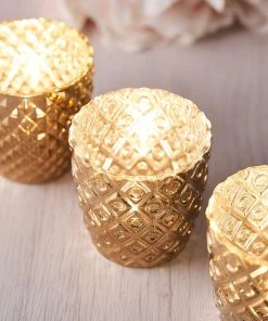 HIER_4320 Chargers & Centerpieces 6 Pack | 3" Metallic Gold Mercury Glass Votive Candle Holders, Tealight Candle Holders - Assorted Geometric Designs