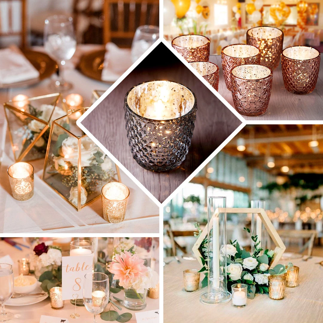 HIER_4320 Chargers & Centerpieces 6 Pack | 3" Metallic Gold Mercury Glass Votive Candle Holders, Tealight Candle Holders - Assorted Geometric Designs 5 HIER_4320 Chargers & Centerpieces 6 Pack | 3" Metallic Gold Mercury Glass Votive Candle Holders, Tealight Candle Holders - Assorted Geometric Designs
