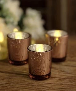 HIER_4320 12 Pack | 2" Blush/Rose Gold Mercury Glass Candle Holders, Votive Tealight Holders - Speckled Design Chargers & Centerpieces