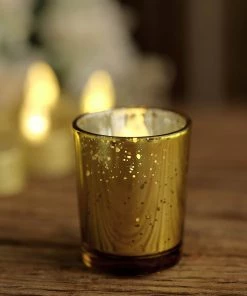 HIER_4320 Chargers & Centerpieces 12 Pack | 2" Gold Mercury Glass Candle Holders, Votive Tealight Holders - Speckled Design