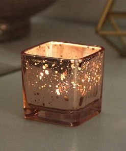 HIER_4320 Chargers & Centerpieces 12 Pack | 2" Square Blush/Rose Gold Mercury Glass Candle Holders, Votive Glittered Tealight Holders