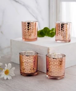 HIER_4320 6 Pack | 3" Blush/Rose Gold Mercury Glass Candle Holders, Votive Candle Containers - Honeycomb Design Chargers & Centerpieces