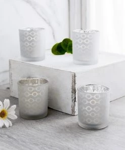 HIER_4320 6 Pack | 3" Frosted Mercury Glass Candle Holders, Votive Candle Containers - Honeycomb Design
