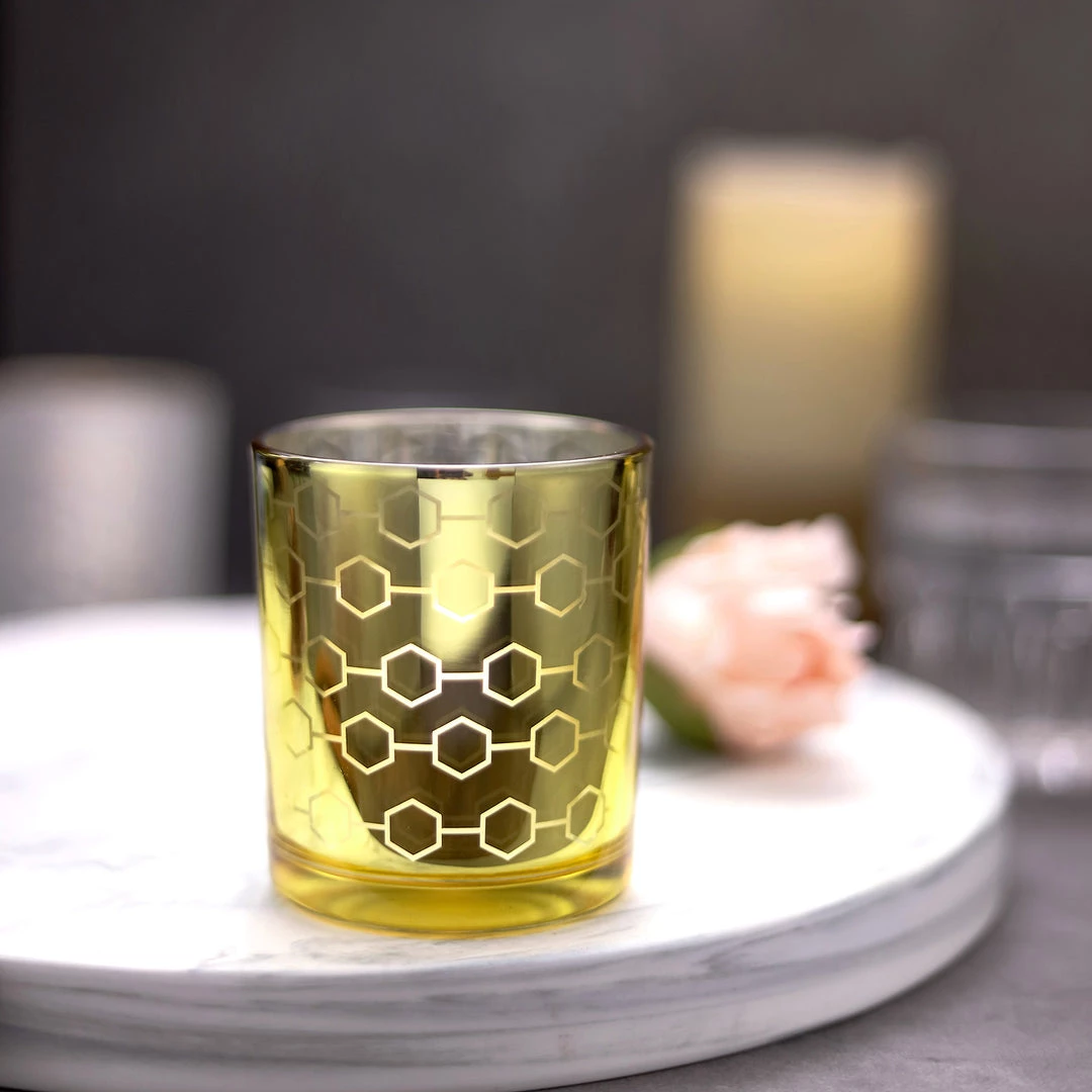 HIER_4320 6 Pack | 3" Gold Mercury Glass Candle Holders, Votive Candle Containers - Honeycomb Design 2 HIER_4320 6 Pack | 3" Gold Mercury Glass Candle Holders, Votive Candle Containers - Honeycomb Design