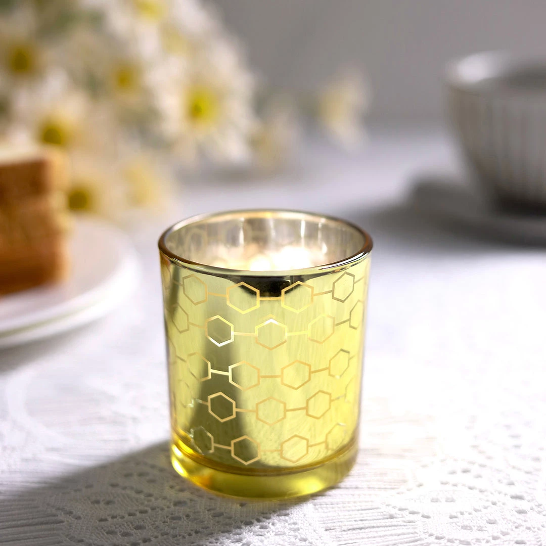 HIER_4320 6 Pack | 3" Gold Mercury Glass Candle Holders, Votive Candle Containers - Honeycomb Design 11 HIER_4320 6 Pack | 3" Gold Mercury Glass Candle Holders, Votive Candle Containers - Honeycomb Design