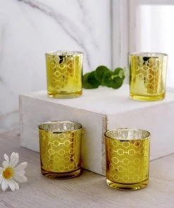HIER_4320 6 Pack | 3" Gold Mercury Glass Candle Holders, Votive Candle Containers - Honeycomb Design