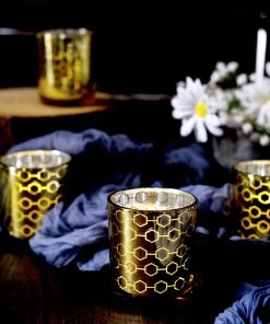 HIER_4320 6 Pack | 3" Gold Mercury Glass Candle Holders, Votive Candle Containers - Honeycomb Design 20 HIER_4320 6 Pack | 3