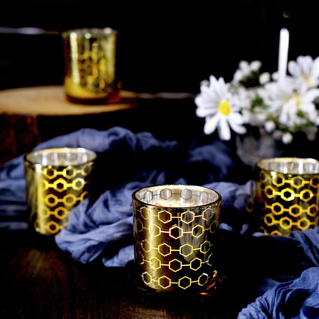 HIER_4320 6 Pack | 3" Gold Mercury Glass Candle Holders, Votive Candle Containers - Honeycomb Design 6 HIER_4320 6 Pack | 3" Gold Mercury Glass Candle Holders, Votive Candle Containers - Honeycomb Design