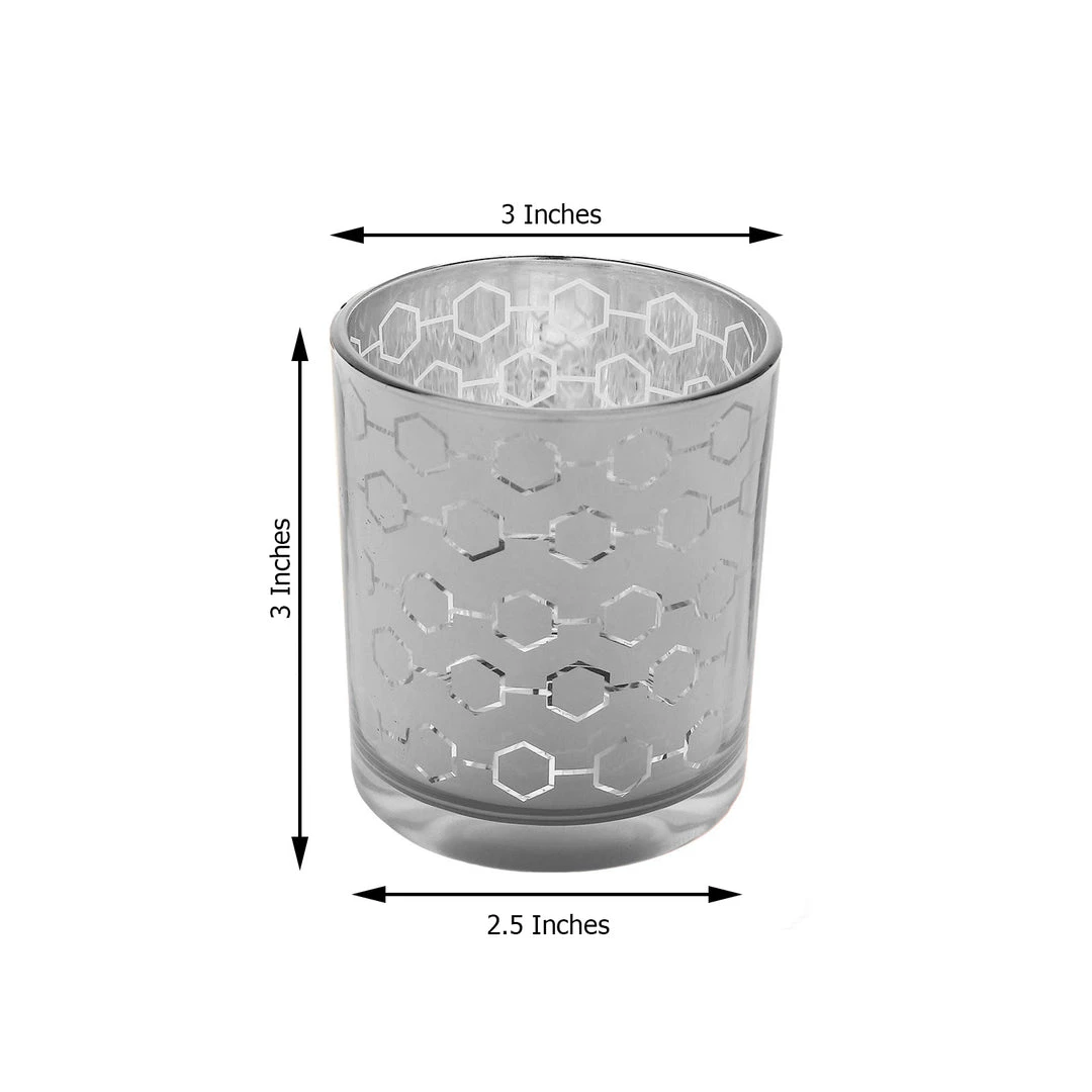 HIER_4320 6 Pack | 3" Silver Mercury Glass Candle Holders, Votive Candle Containers - Honeycomb Design Chargers & Centerpieces 3 HIER_4320 6 Pack | 3" Silver Mercury Glass Candle Holders, Votive Candle Containers - Honeycomb Design Chargers & Centerpieces