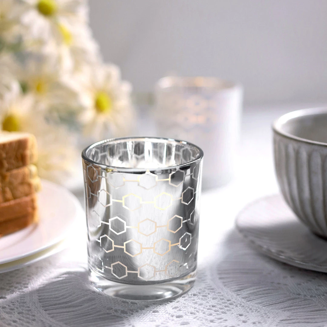HIER_4320 6 Pack | 3" Silver Mercury Glass Candle Holders, Votive Candle Containers - Honeycomb Design Chargers & Centerpieces 9 HIER_4320 6 Pack | 3" Silver Mercury Glass Candle Holders, Votive Candle Containers - Honeycomb Design Chargers & Centerpieces