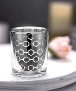 HIER_4320 6 Pack | 3" Silver Mercury Glass Candle Holders, Votive Candle Containers - Honeycomb Design Chargers & Centerpieces