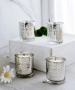 HIER_4320 6 Pack | 3" Silver Mercury Glass Candle Holders, Votive Candle Containers - Honeycomb Design Chargers & Centerpieces