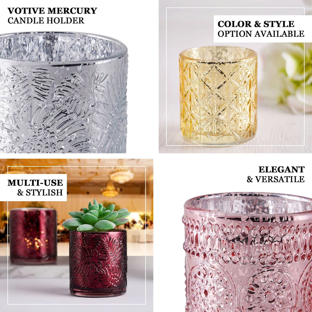 HIER_4320 6 Pack | 3" Shiny Silver Mercury Glass Candle Holders, Votive Tealight Holders - Geometric Design Chargers & Centerpieces 4 HIER_4320 6 Pack | 3" Shiny Silver Mercury Glass Candle Holders, Votive Tealight Holders - Geometric Design Chargers & Centerpieces