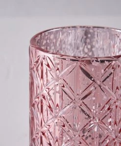 HIER_4320 6 Pack | 3" Shiny Blush/Rose Gold Mercury Glass Candle Holders, Votive Tealight Holders - Geometric Design
