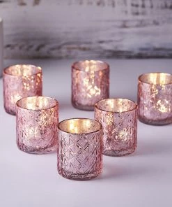 HIER_4320 6 Pack | 3" Shiny Blush/Rose Gold Mercury Glass Candle Holders, Votive Tealight Holders - Geometric Design