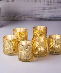 HIER_4320 Chargers & Centerpieces 6 Pack | 3" Shiny Gold Mercury Glass Candle Holders, Votive Tealight Holders - Geometric Design
