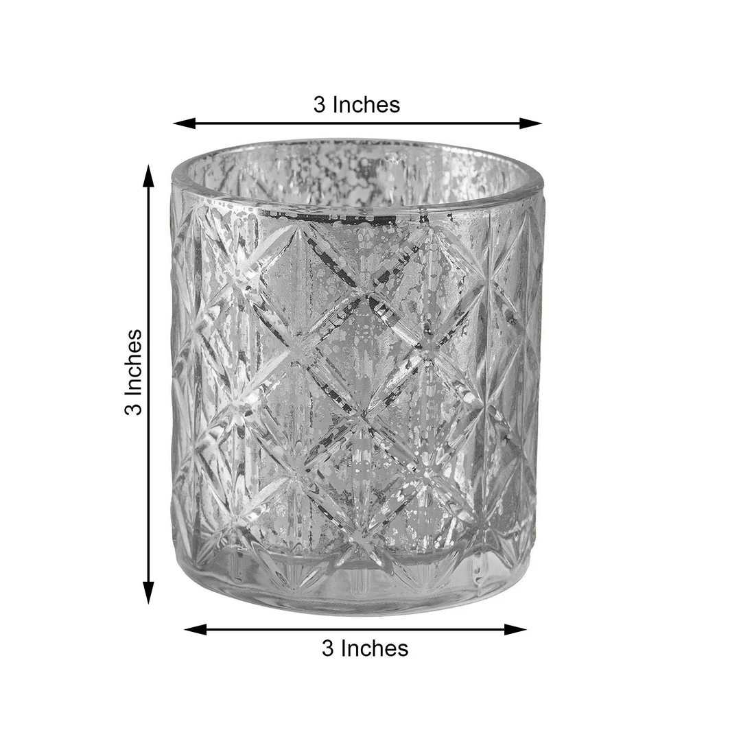 HIER_4320 6 Pack | 3" Shiny Silver Mercury Glass Candle Holders, Votive Tealight Holders - Geometric Design Chargers & Centerpieces 3 HIER_4320 6 Pack | 3" Shiny Silver Mercury Glass Candle Holders, Votive Tealight Holders - Geometric Design Chargers & Centerpieces