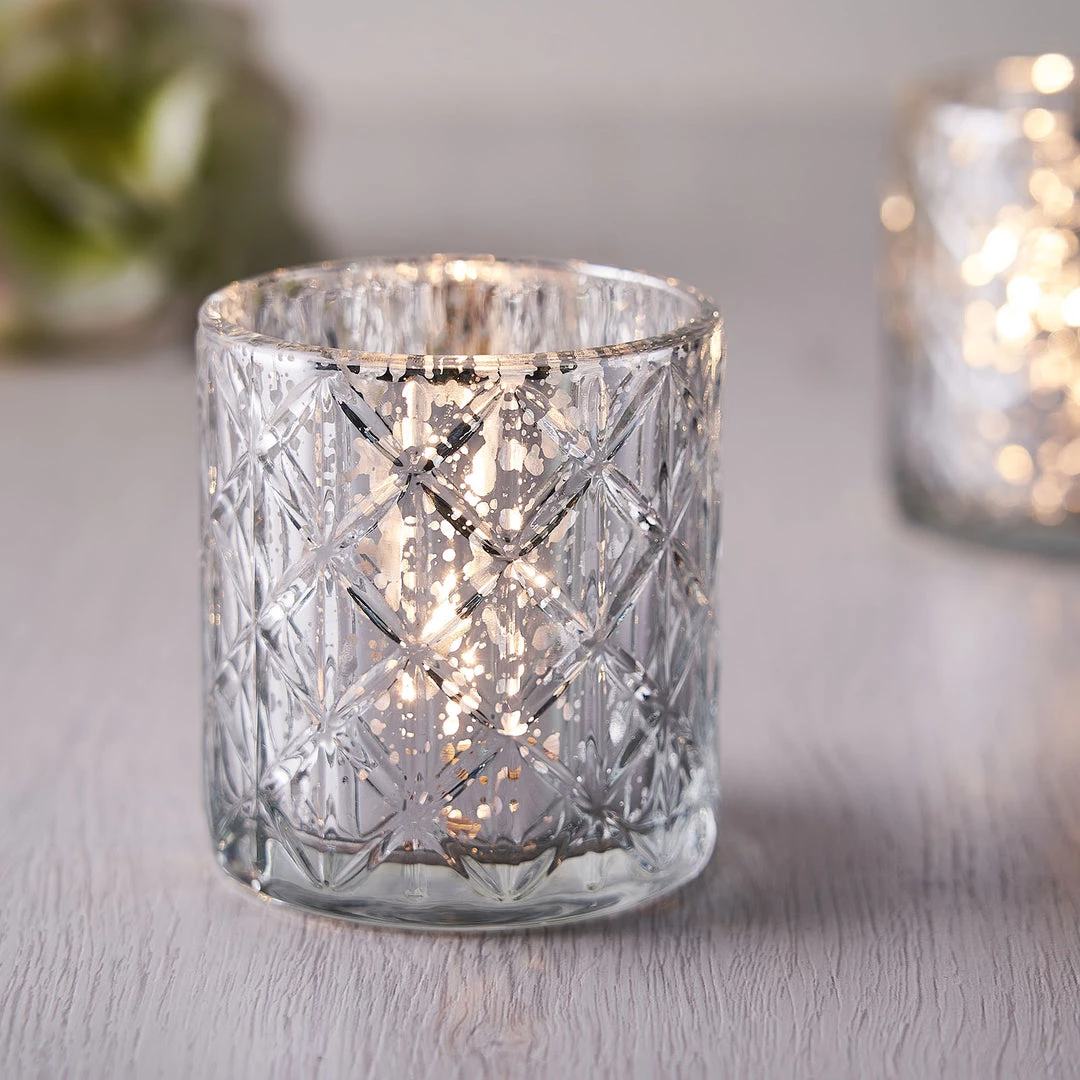 HIER_4320 6 Pack | 3" Shiny Silver Mercury Glass Candle Holders, Votive Tealight Holders - Geometric Design Chargers & Centerpieces 6 HIER_4320 6 Pack | 3" Shiny Silver Mercury Glass Candle Holders, Votive Tealight Holders - Geometric Design Chargers & Centerpieces