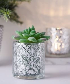 HIER_4320 6 Pack | 3" Shiny Silver Mercury Glass Candle Holders, Votive Tealight Holders - Geometric Design Chargers & Centerpieces 24 HIER_4320 6 Pack | 3