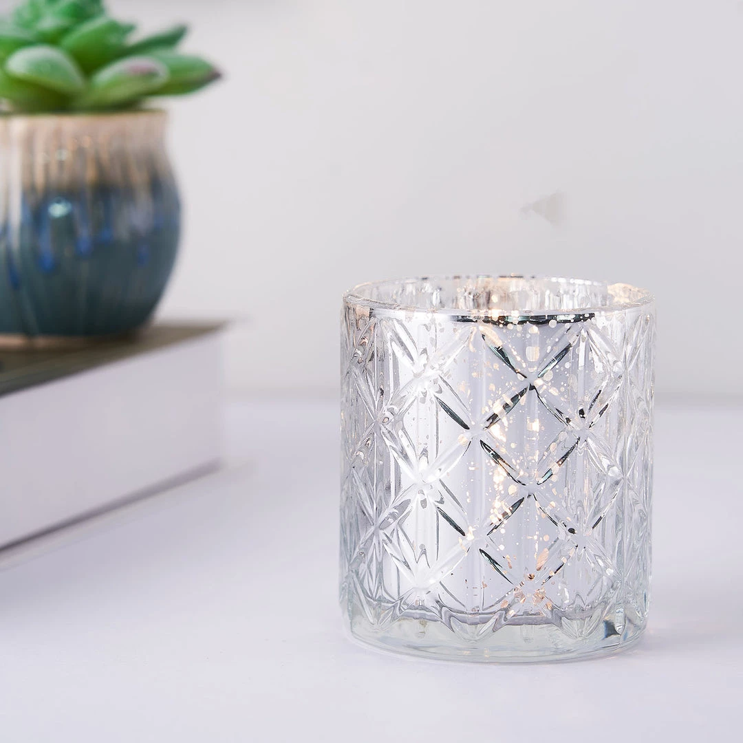 HIER_4320 6 Pack | 3" Shiny Silver Mercury Glass Candle Holders, Votive Tealight Holders - Geometric Design Chargers & Centerpieces 10 HIER_4320 6 Pack | 3" Shiny Silver Mercury Glass Candle Holders, Votive Tealight Holders - Geometric Design Chargers & Centerpieces