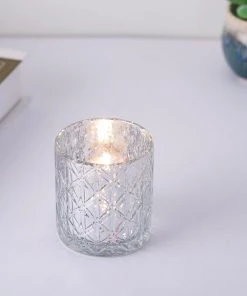 HIER_4320 6 Pack | 3" Shiny Silver Mercury Glass Candle Holders, Votive Tealight Holders - Geometric Design Chargers & Centerpieces 26 HIER_4320 6 Pack | 3