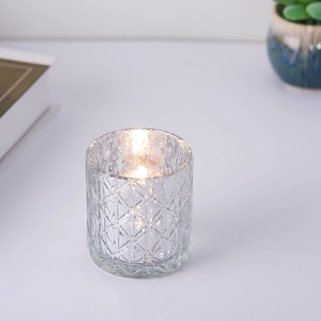 HIER_4320 6 Pack | 3" Shiny Silver Mercury Glass Candle Holders, Votive Tealight Holders - Geometric Design Chargers & Centerpieces 11 HIER_4320 6 Pack | 3" Shiny Silver Mercury Glass Candle Holders, Votive Tealight Holders - Geometric Design Chargers & Centerpieces