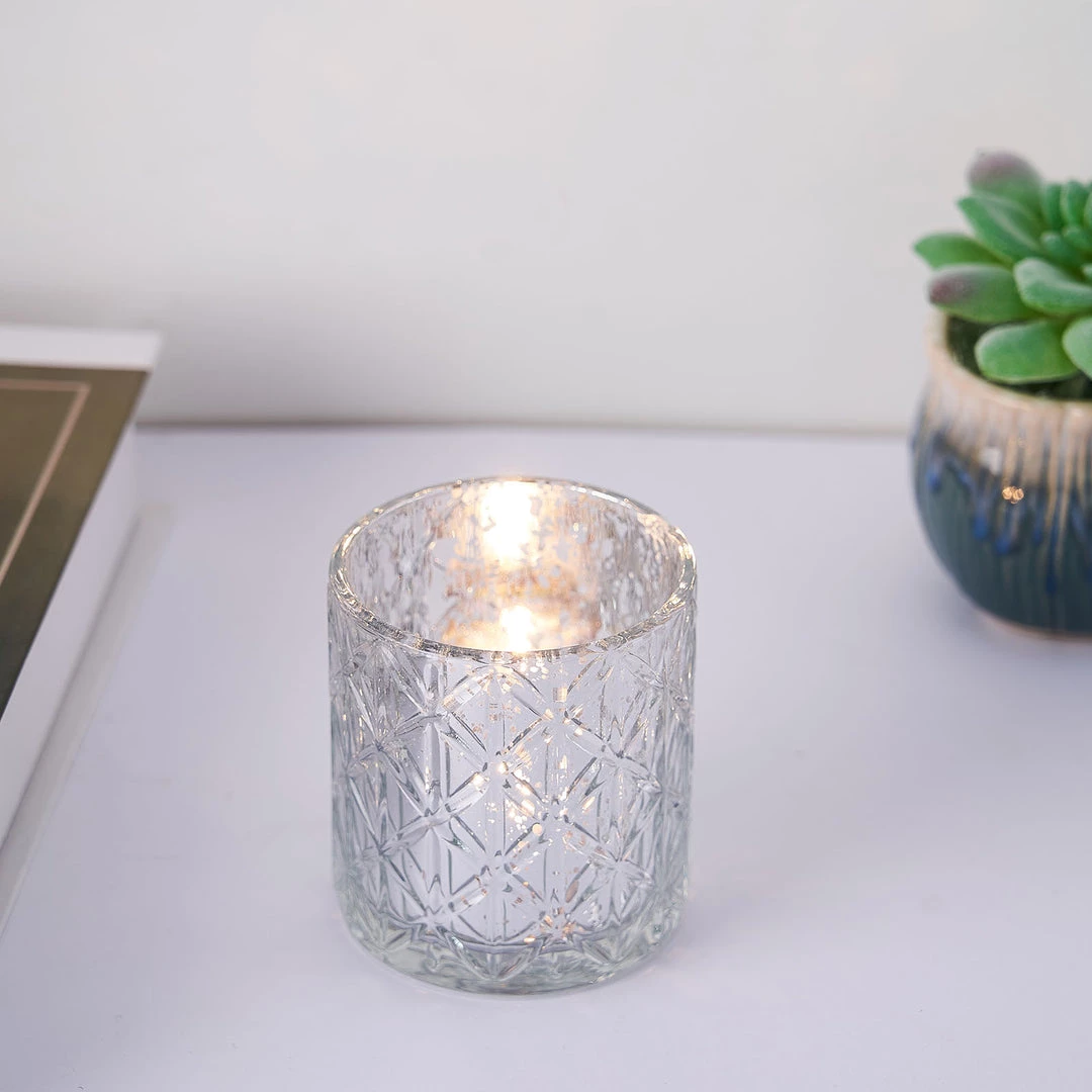 HIER_4320 6 Pack | 3" Shiny Silver Mercury Glass Candle Holders, Votive Tealight Holders - Geometric Design Chargers & Centerpieces 12 HIER_4320 6 Pack | 3" Shiny Silver Mercury Glass Candle Holders, Votive Tealight Holders - Geometric Design Chargers & Centerpieces