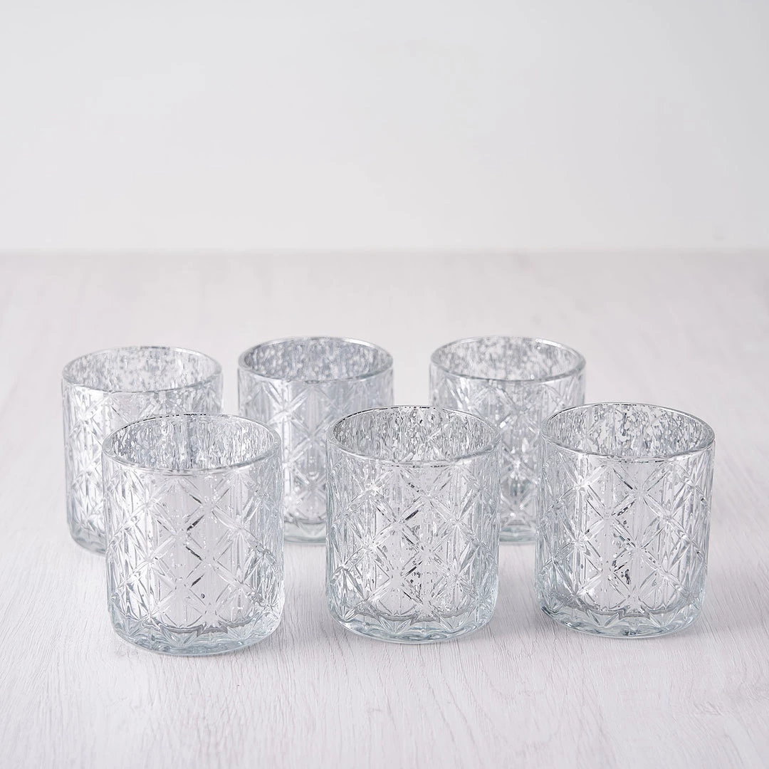 HIER_4320 6 Pack | 3" Shiny Silver Mercury Glass Candle Holders, Votive Tealight Holders - Geometric Design Chargers & Centerpieces 15 HIER_4320 6 Pack | 3" Shiny Silver Mercury Glass Candle Holders, Votive Tealight Holders - Geometric Design Chargers & Centerpieces