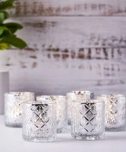 HIER_4320 6 Pack | 3" Shiny Silver Mercury Glass Candle Holders, Votive Tealight Holders - Geometric Design Chargers & Centerpieces 23 HIER_4320 6 Pack | 3